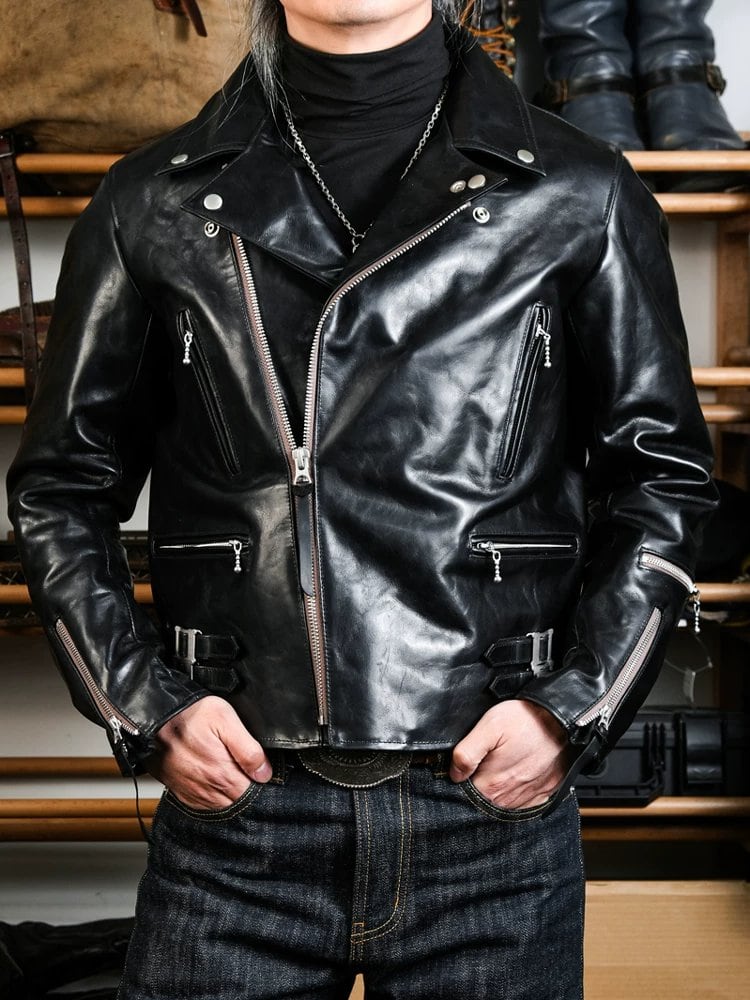 391 British-Style Riders Leather Jacket — Asymmetric Zip, Oil-Wax Cowhide
