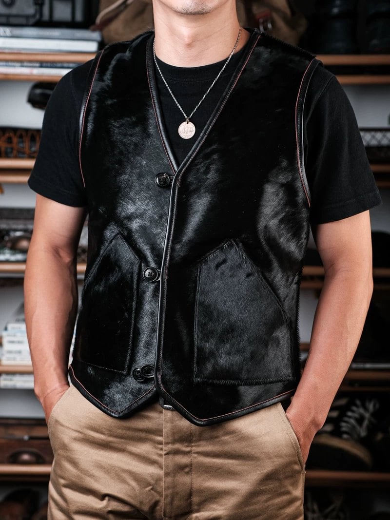 Hair-On Western Leather Vest — Black, Natural Horn Buttons, Tea-Core Horse Leather