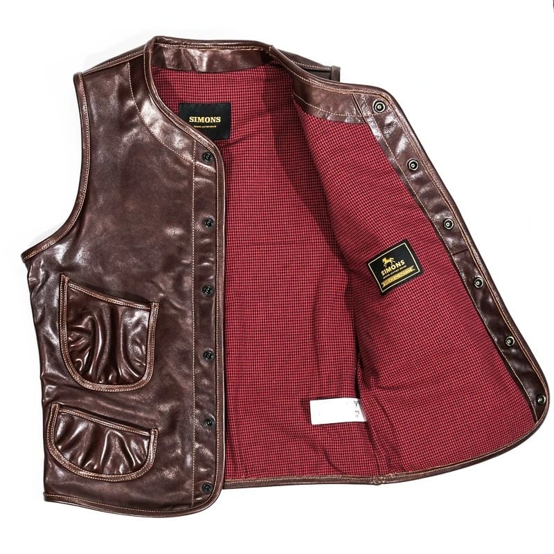 Four-Pocket Leather Vest — Houndstooth, Oil-Wax Horsehide