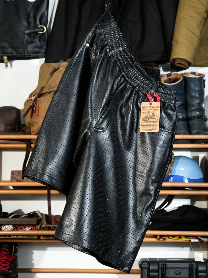 レザーショートパンツ パンチング ワイド 黒 シープスキン
