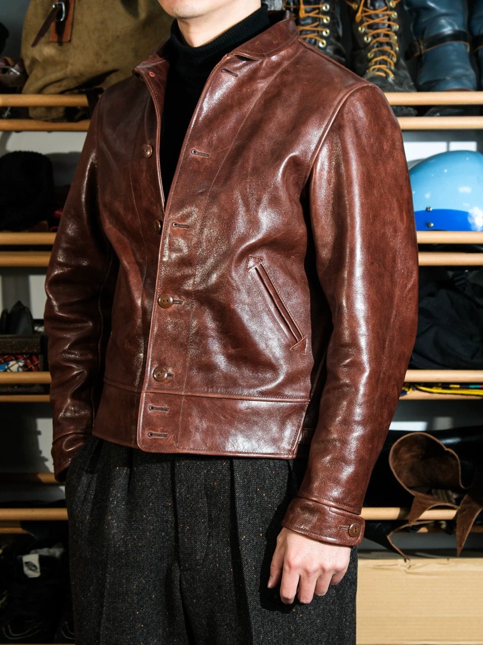 Shawl Collar Cossack Jacket — Light Brown, 1930s Horsehide