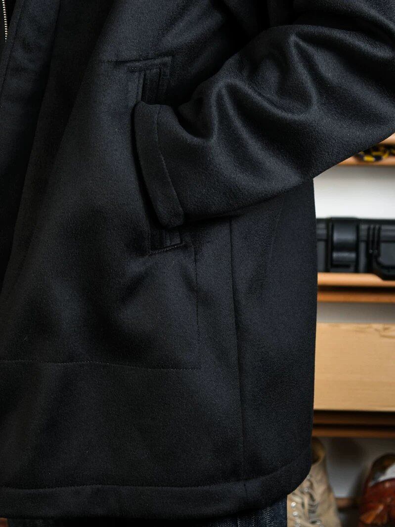 Hooded Wool Coat — Stand Collar, A-Line, Black