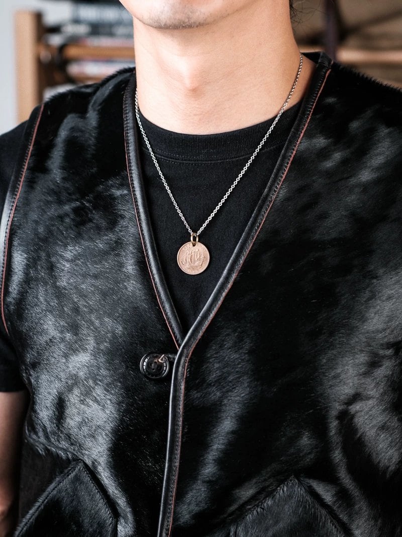 Hair-On Western Leather Vest — Black, Natural Horn Buttons, Tea-Core Horse Leather
