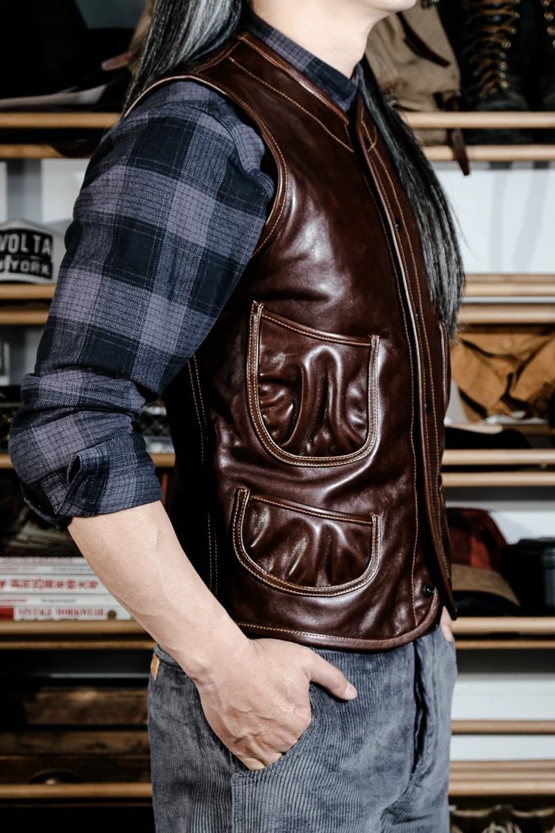 Four-Pocket Leather Vest — Houndstooth, Oil-Wax Horsehide