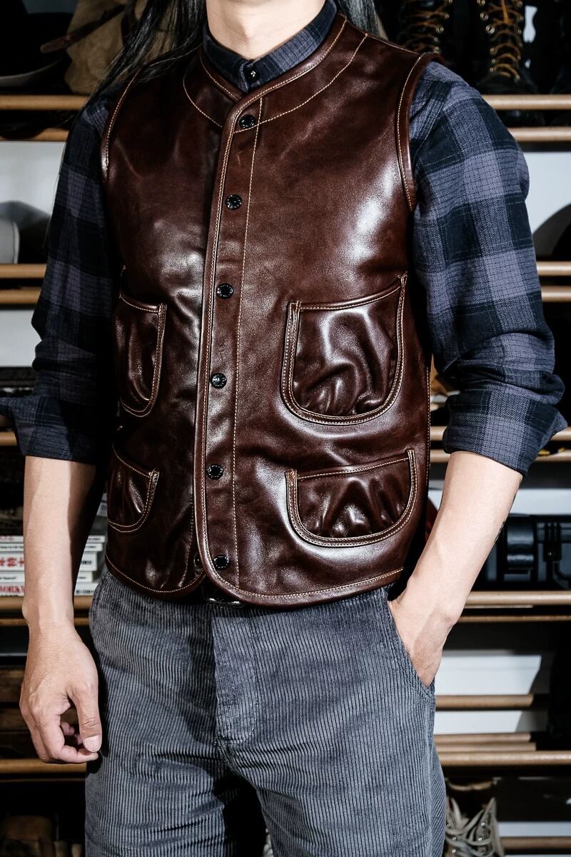 Four-Pocket Leather Vest — Houndstooth, Oil-Wax Horsehide