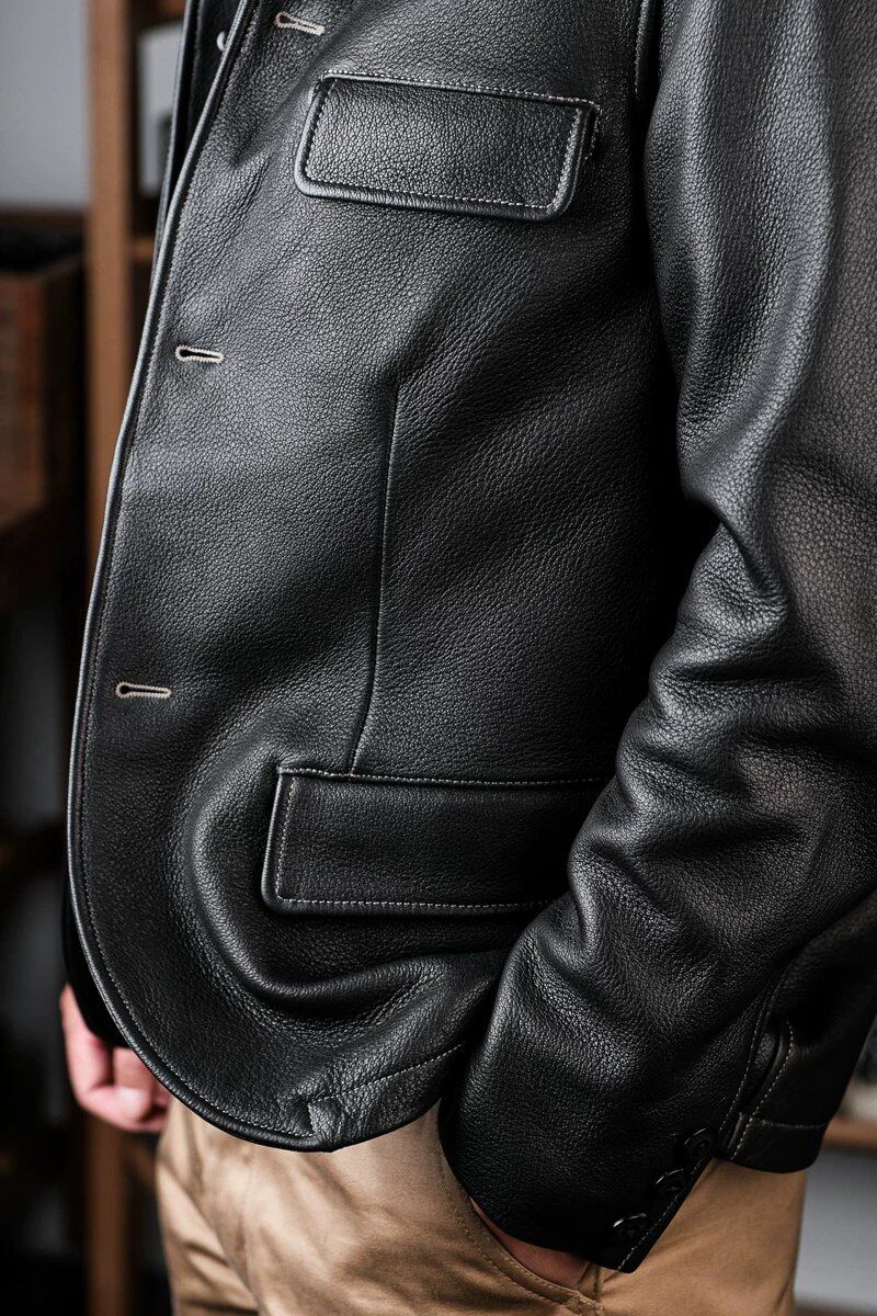 Leather Tailored Jacket — Natural Black, 1920s Deerskin