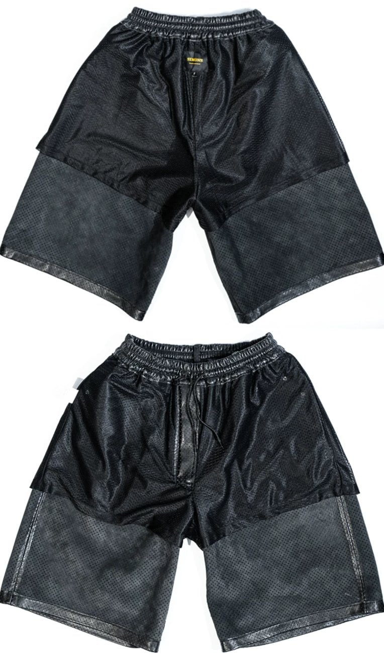 レザーショートパンツ パンチング ワイド 黒 シープスキン