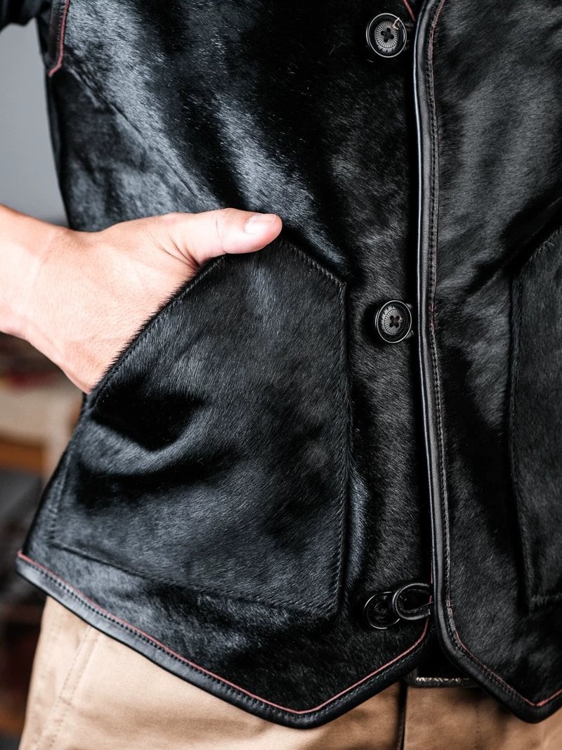 Hair-On Western Leather Vest — Black, Natural Horn Buttons, Tea-Core Horse Leather