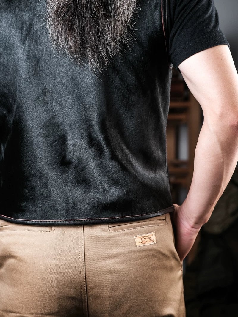 Hair-On Western Leather Vest — Black, Natural Horn Buttons, Tea-Core Horse Leather