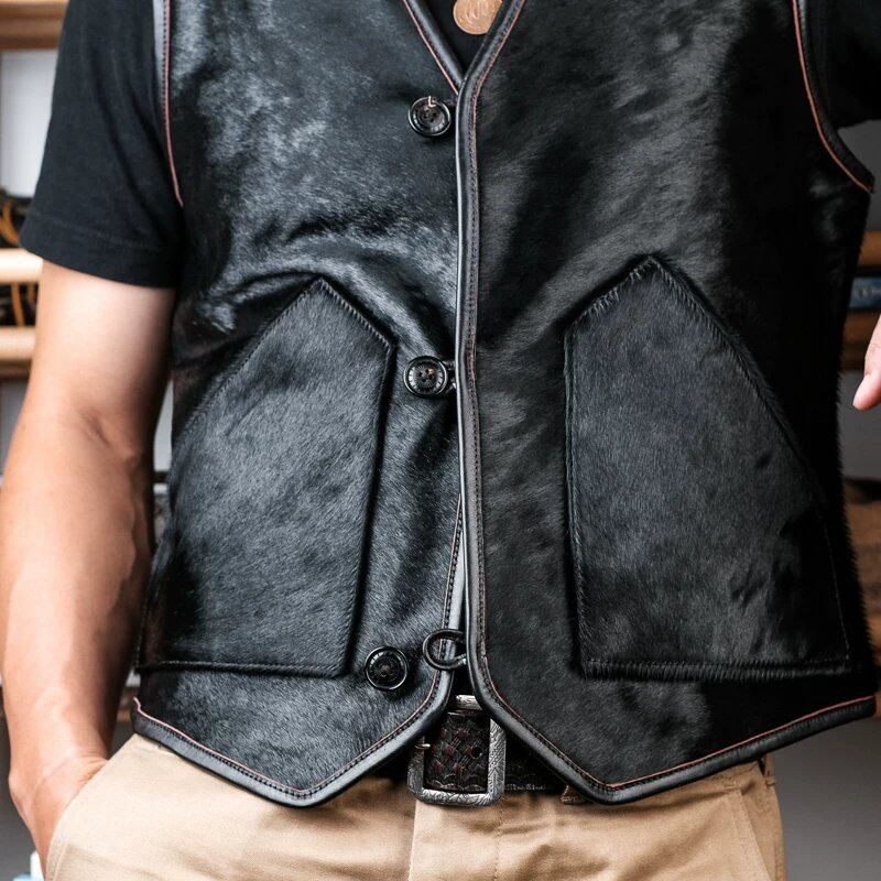 Hair-On Western Leather Vest — Black, Natural Horn Buttons, Tea-Core Horse Leather