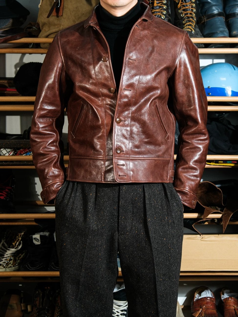Shawl Collar Cossack Jacket — Light Brown, 1930s Horsehide