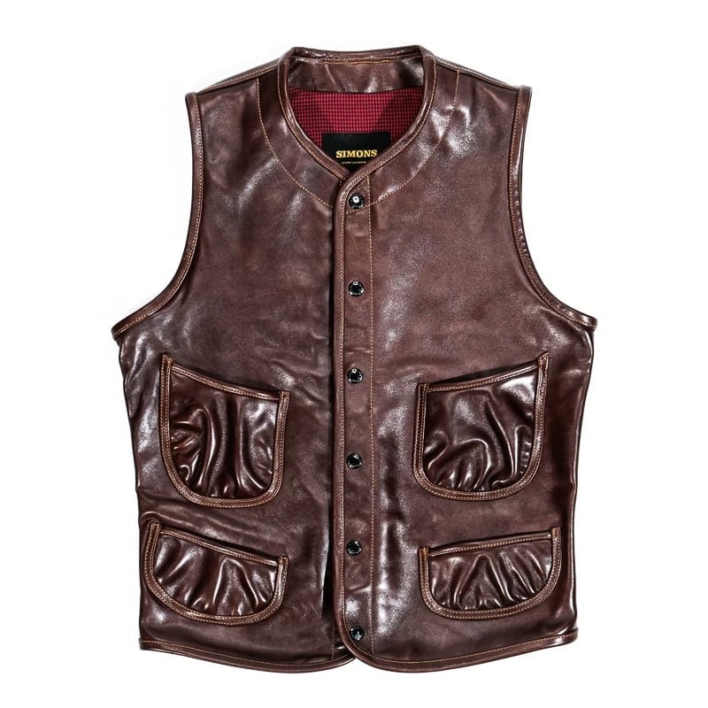 Four-Pocket Leather Vest — Houndstooth, Oil-Wax Horsehide