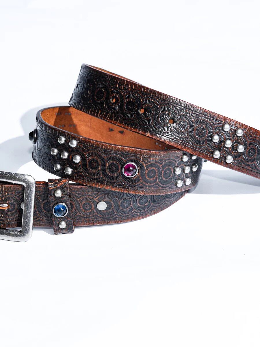 Western Jewelled Leather Belt — 40s, Dark Brown Cowhide