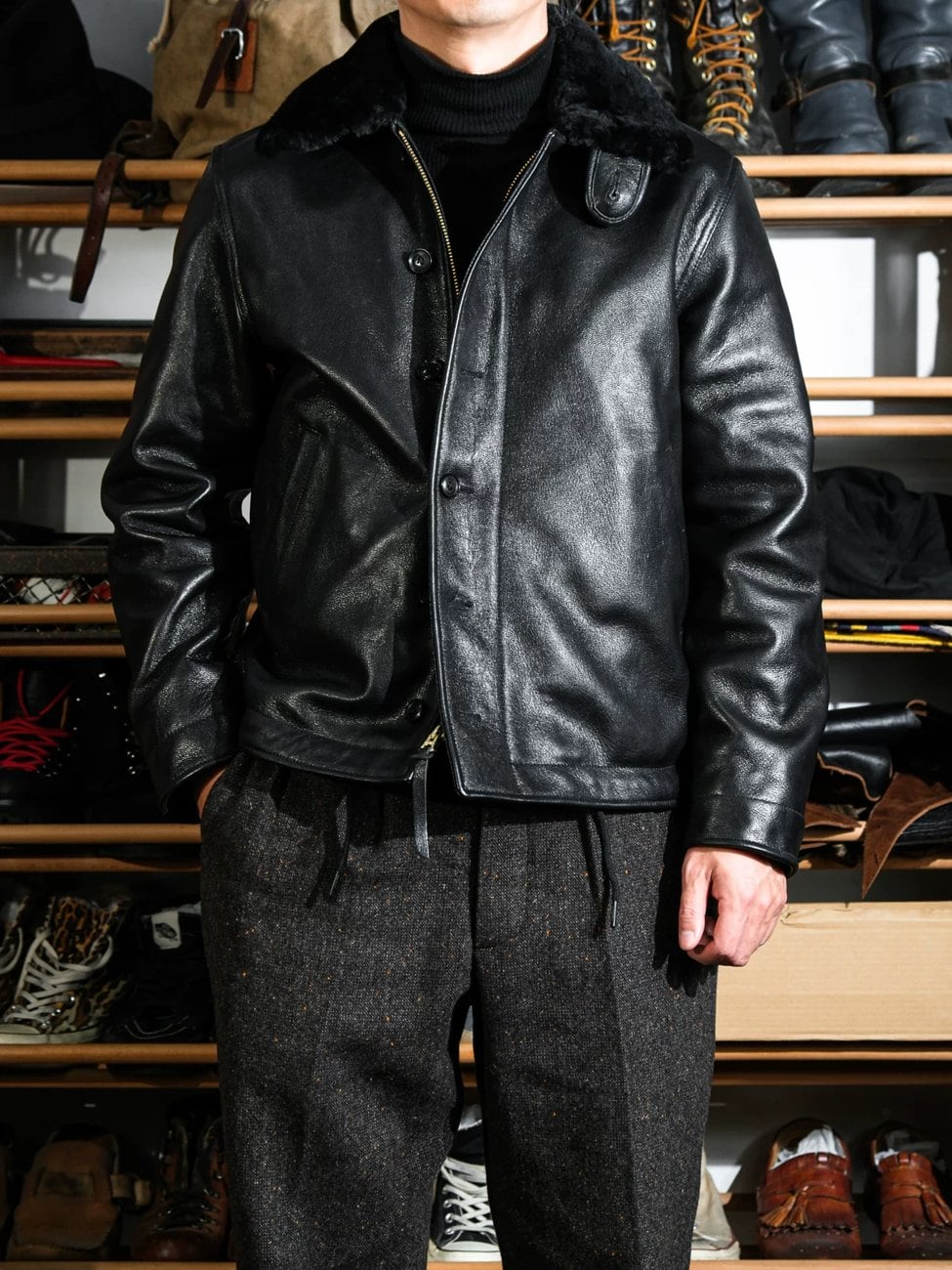 N-1 All-Leather Deck Jacket — Shearling Collar, Sheepskin