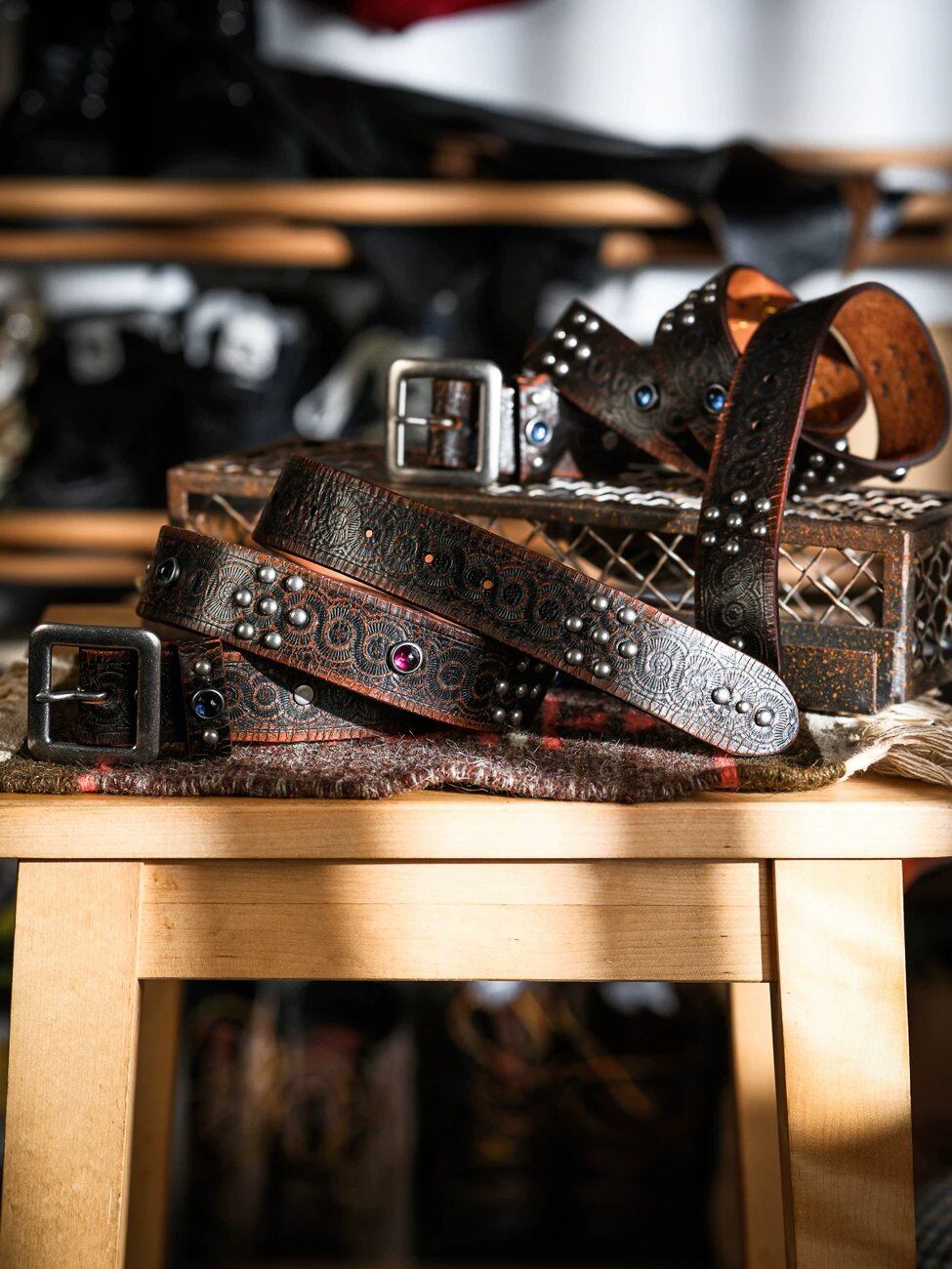 Western Jewelled Leather Belt — 40s, Dark Brown Cowhide