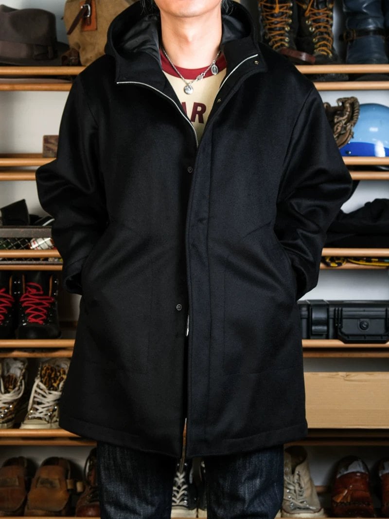 Hooded Wool Coat — Stand Collar, A-Line, Black