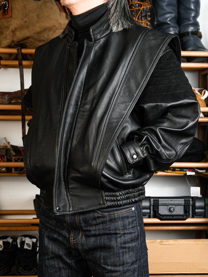 サムライ ボンバー レザージャケット ヴィンテージ加工 黒 ゴートスキン