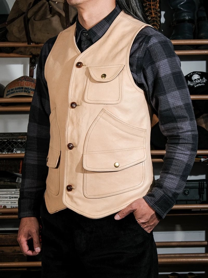 Hunting Leather Vest — Horn Buttons, Horsehide