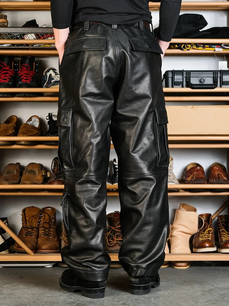 レザーカーゴパンツ M-65 ワイドストレート 黒 カーフレザー