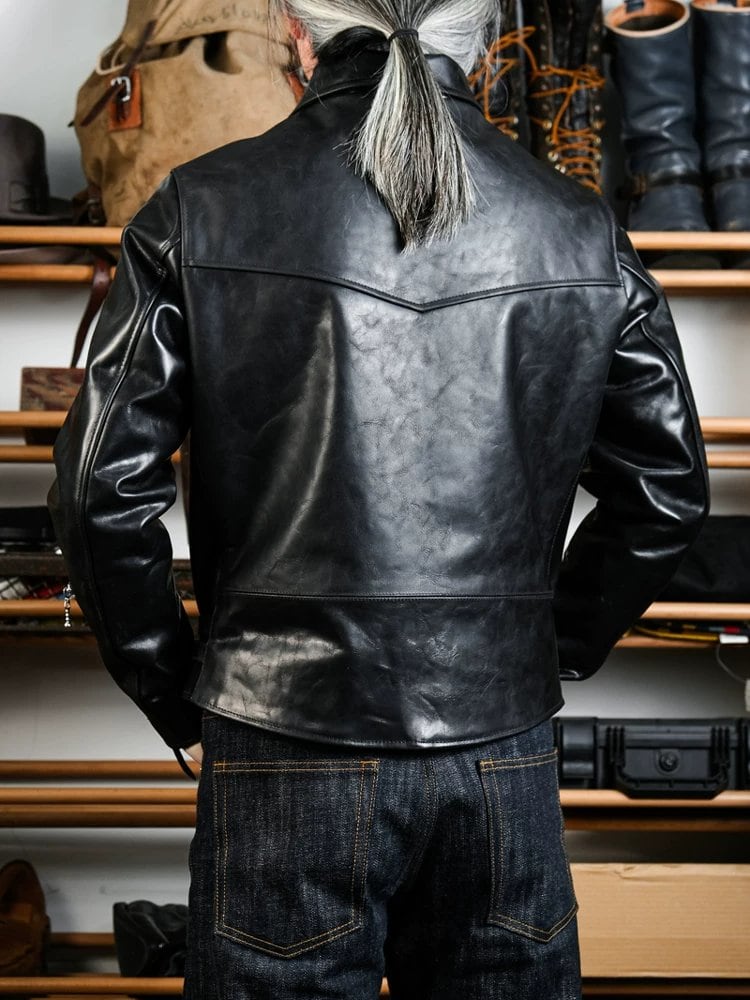 391 British-Style Riders Leather Jacket — Asymmetric Zip, Oil-Wax Cowhide