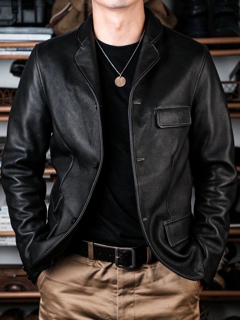 Leather Tailored Jacket — Natural Black, 1920s Deerskin
