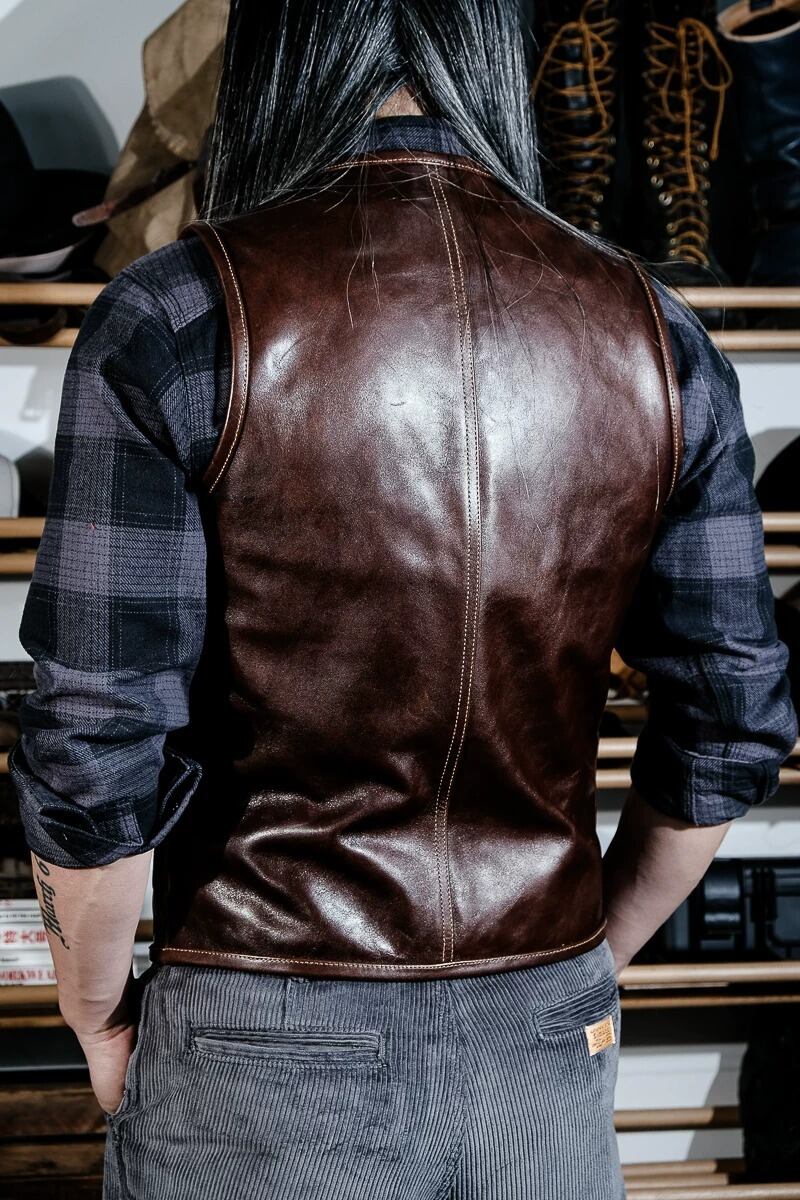 Four-Pocket Leather Vest — Houndstooth, Oil-Wax Horsehide