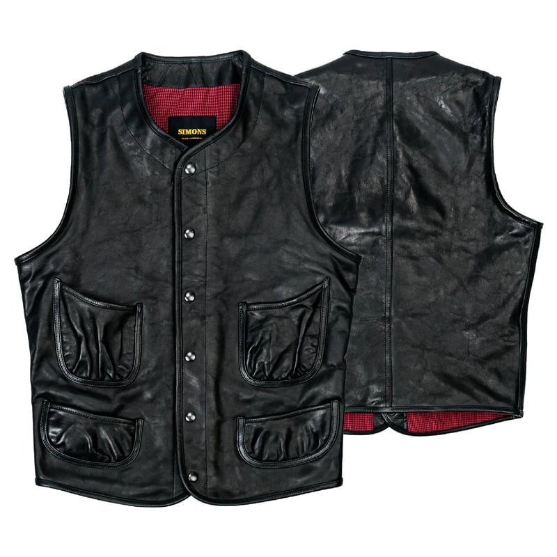 Four-Pocket Leather Vest — Houndstooth, Oil-Wax Horsehide
