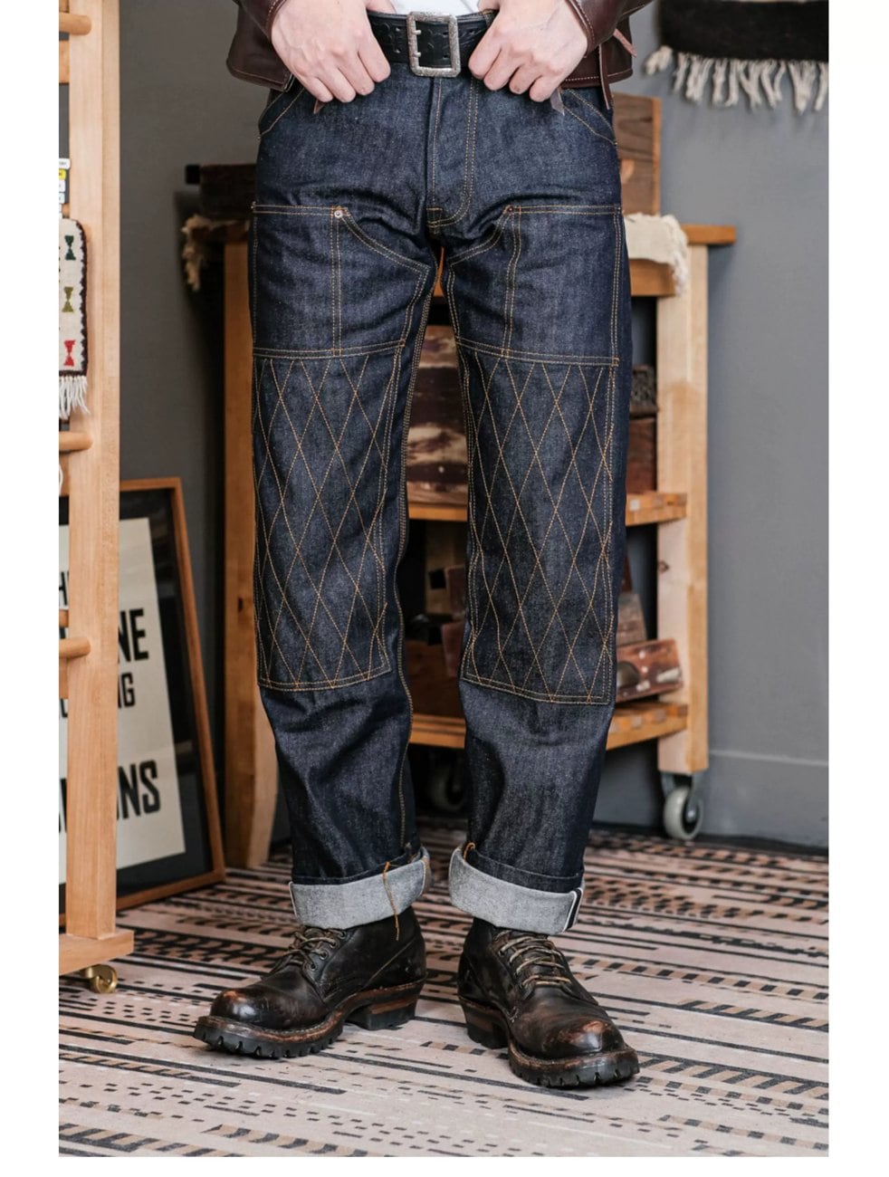 ライディングデニム 14oz ダイヤキルト補強 セルビッジ インディゴ