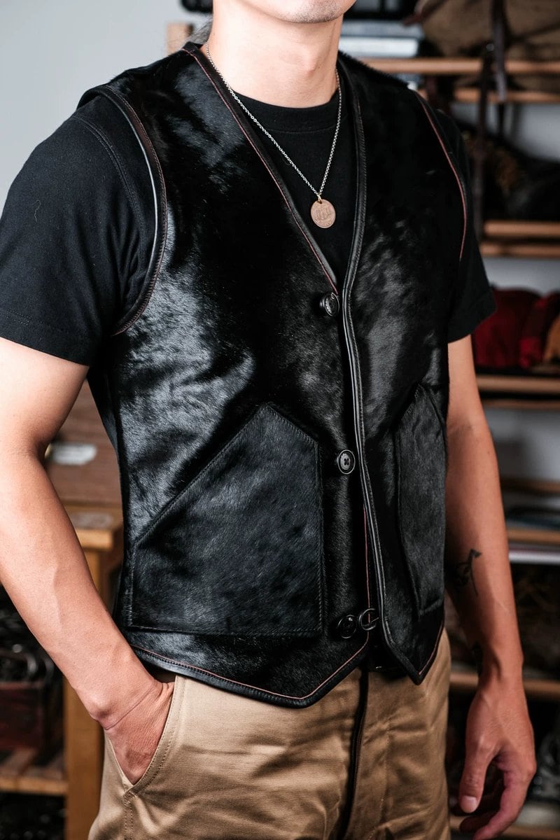 Hair-On Western Leather Vest — Black, Natural Horn Buttons, Tea-Core Horse Leather