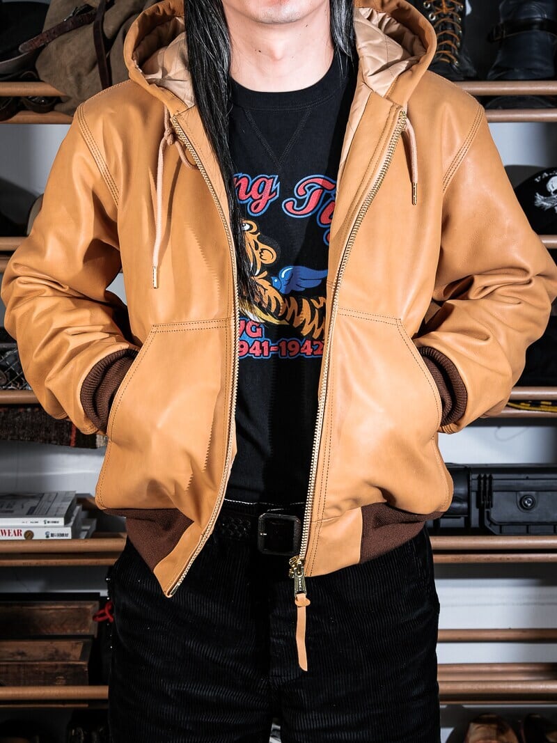フード付きアクティブジャケット オーバーサイズ カーフレザー