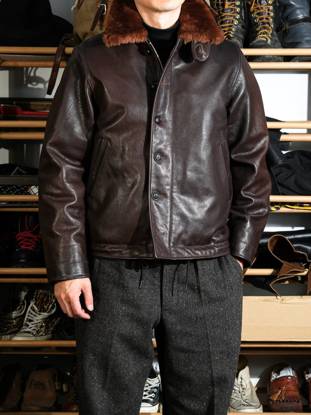 N-1 All-Leather Deck Jacket — Shearling Collar, Sheepskin