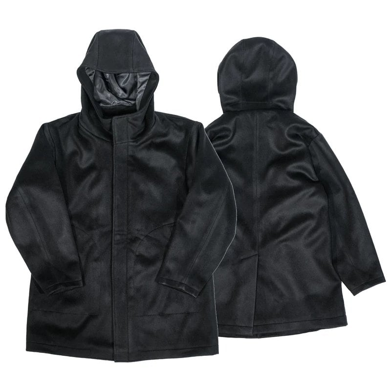 Hooded Wool Coat — Stand Collar, A-Line, Black