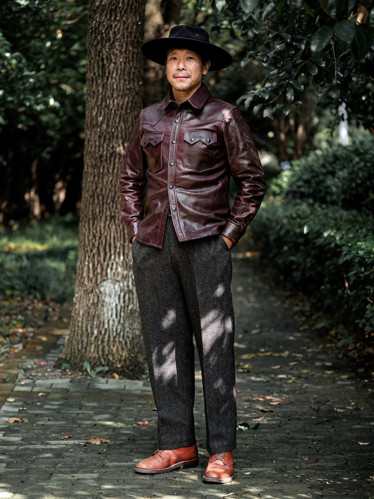 LARAMIE Leather Western Shirt Jacket, Double Yoke, Wine Red Oil-Wax Horsehide