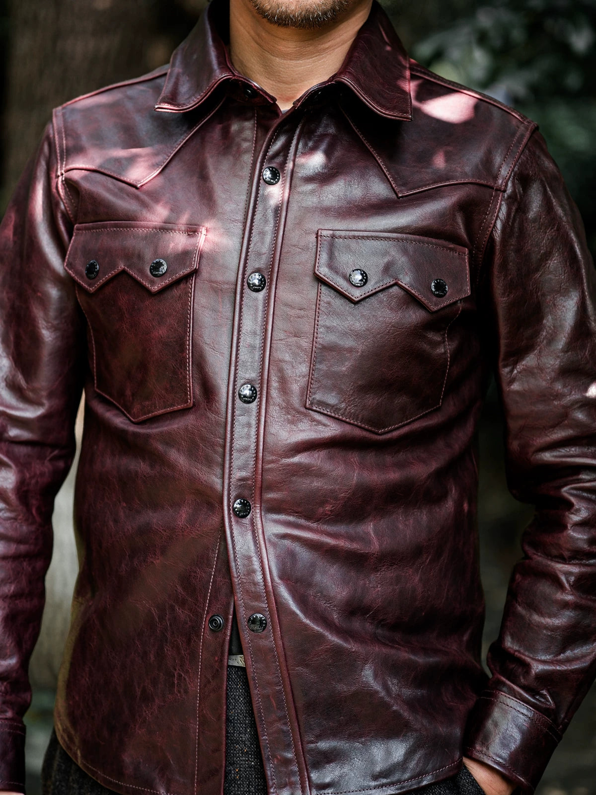 LARAMIE Leather Western Shirt Jacket, Double Yoke, Wine Red Oil-Wax Horsehide