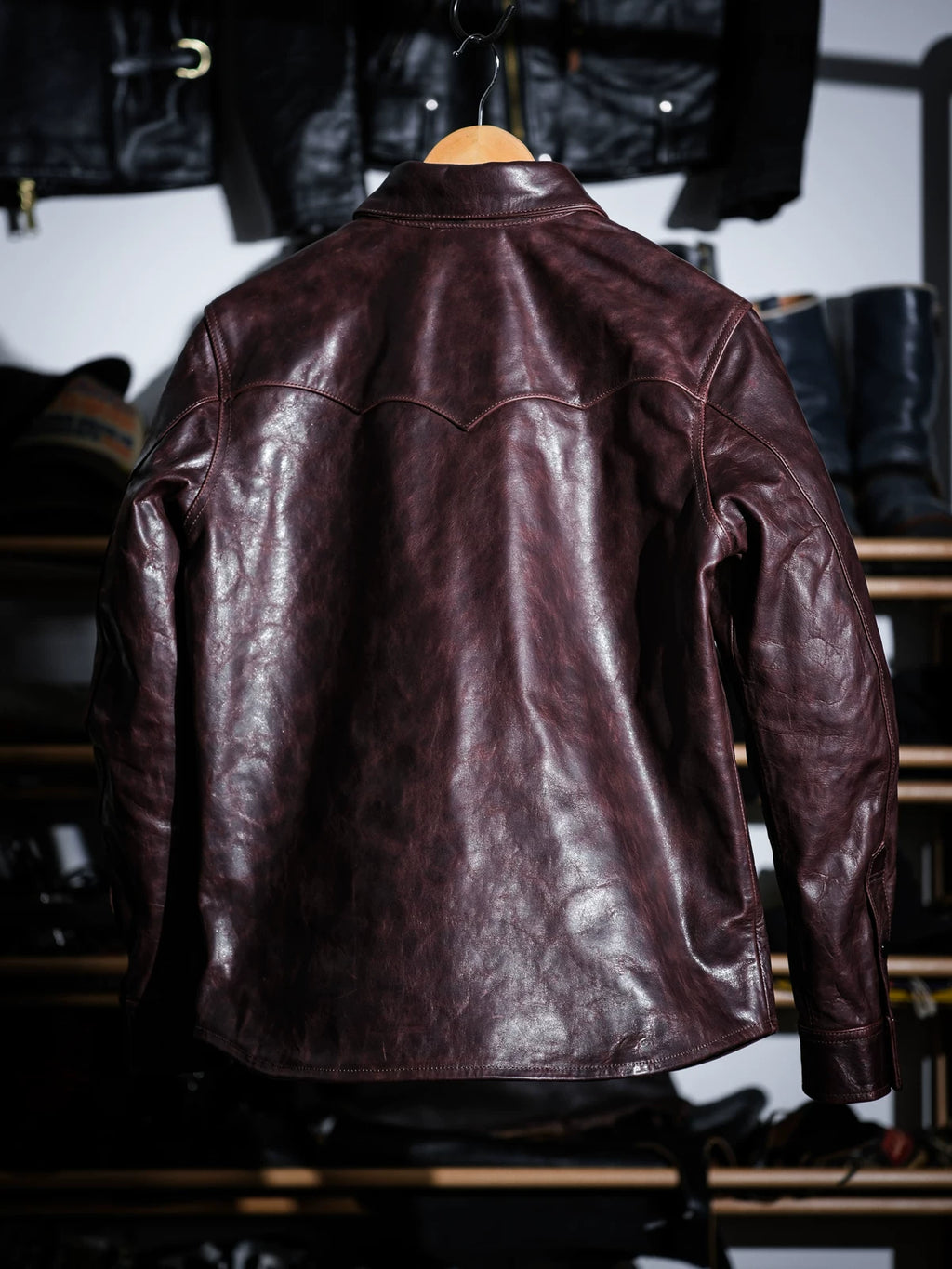 LARAMIE Leather Western Shirt Jacket, Double Yoke, Wine Red Oil-Wax Horsehide