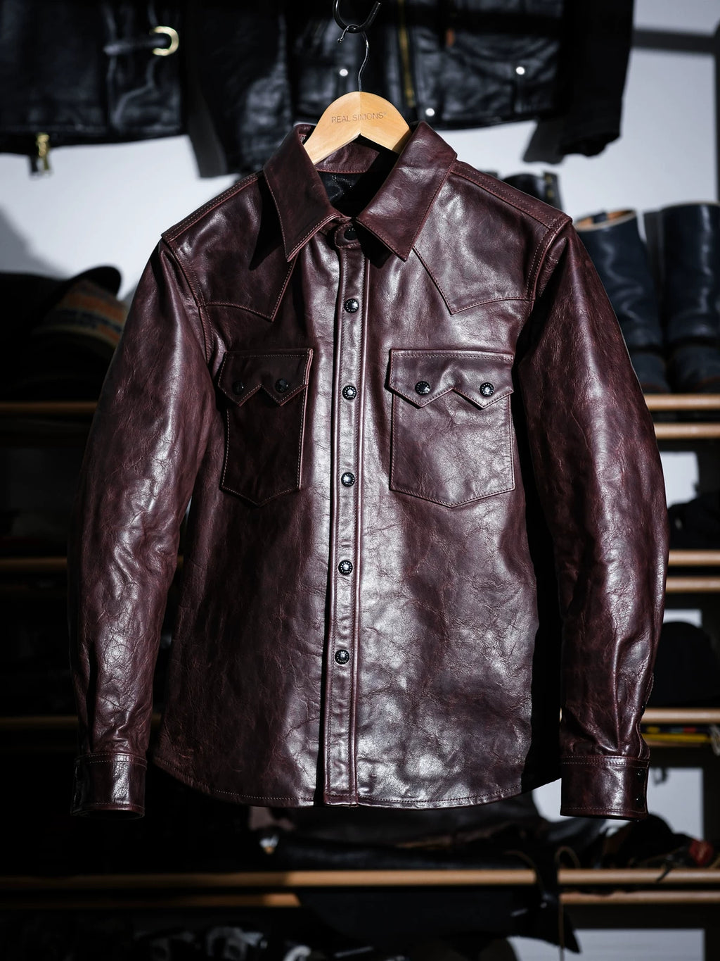 LARAMIE Leather Western Shirt Jacket, Double Yoke, Wine Red Oil-Wax Horsehide