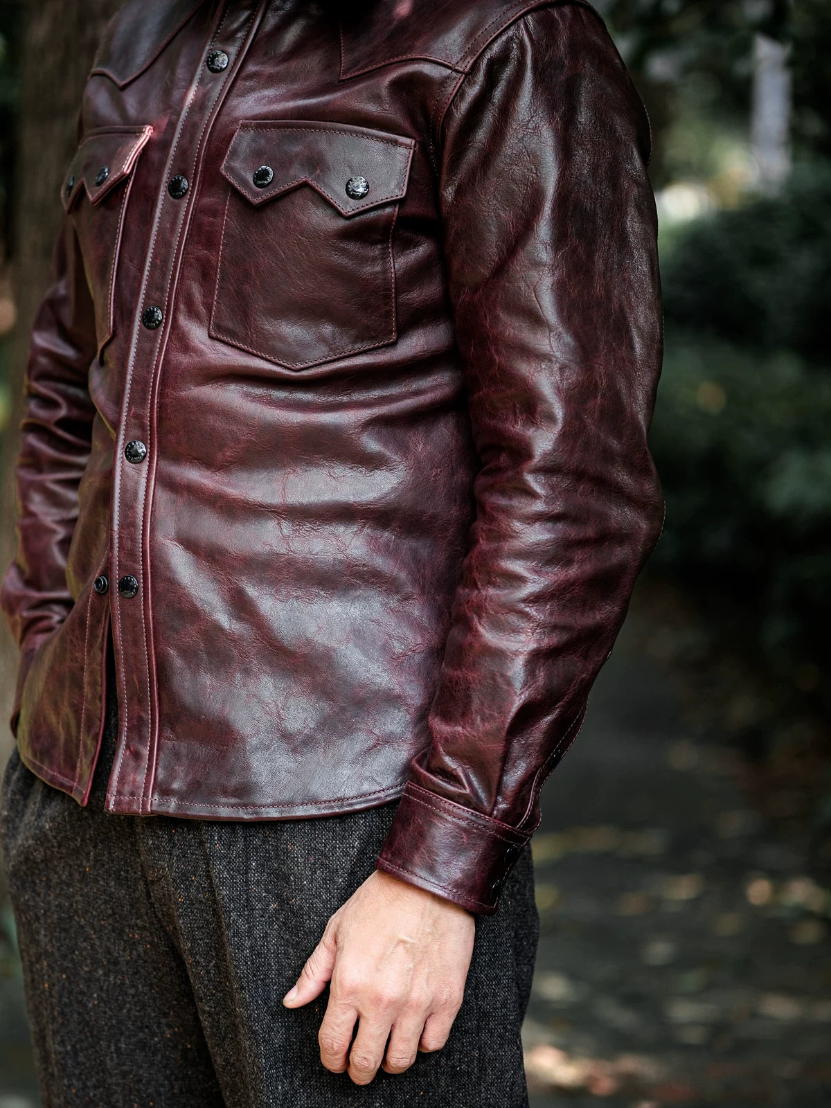 LARAMIE Leather Western Shirt Jacket, Double Yoke, Wine Red Oil-Wax Horsehide