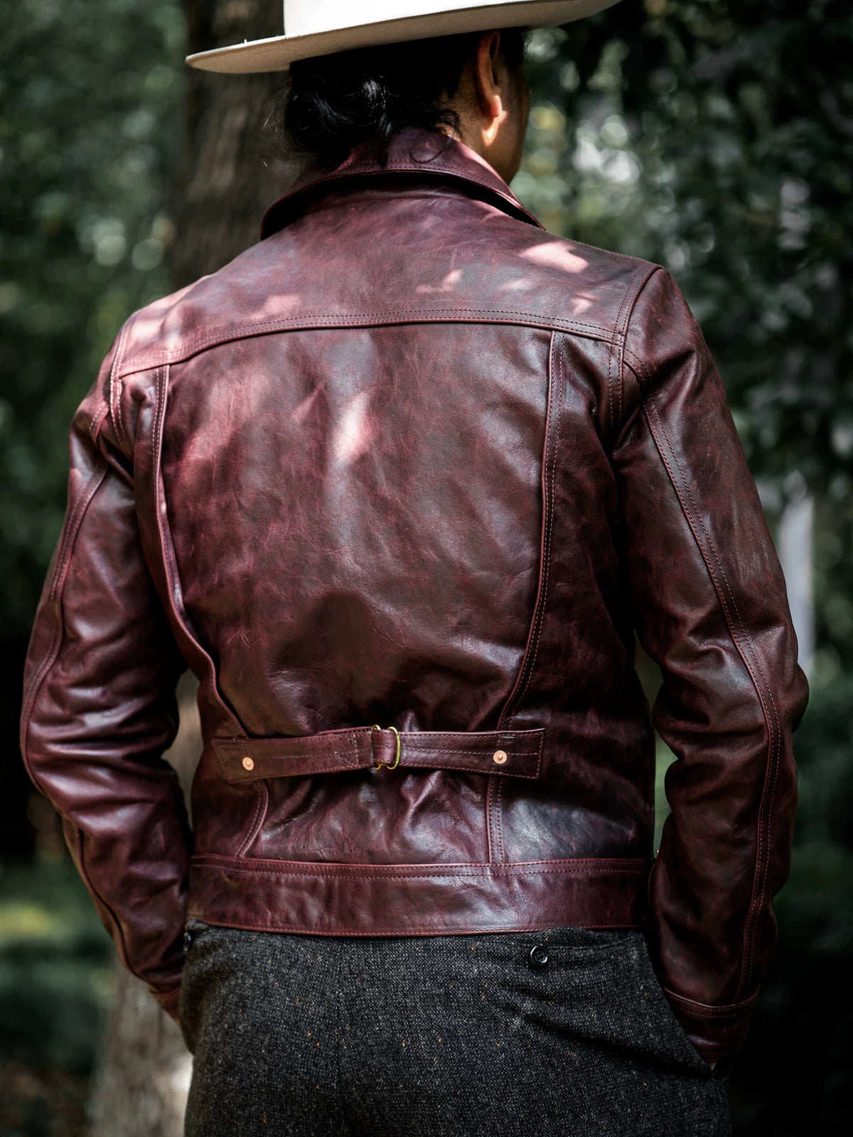 DURANGO Leather Trucker Jacket, Type1, Shield Pocket, Wine Red Oil-Wax Horsehide