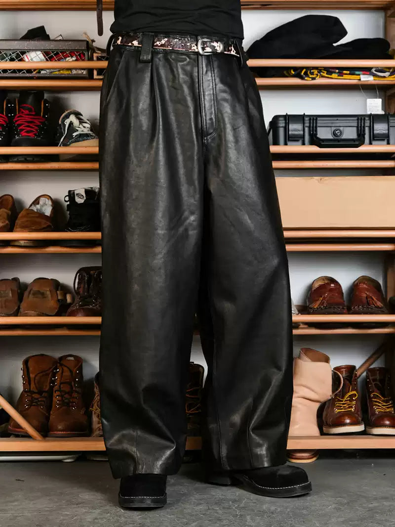 Wide Leather Trousers — Balloon, Ribbed Hem, Water-Dyed Calfskin