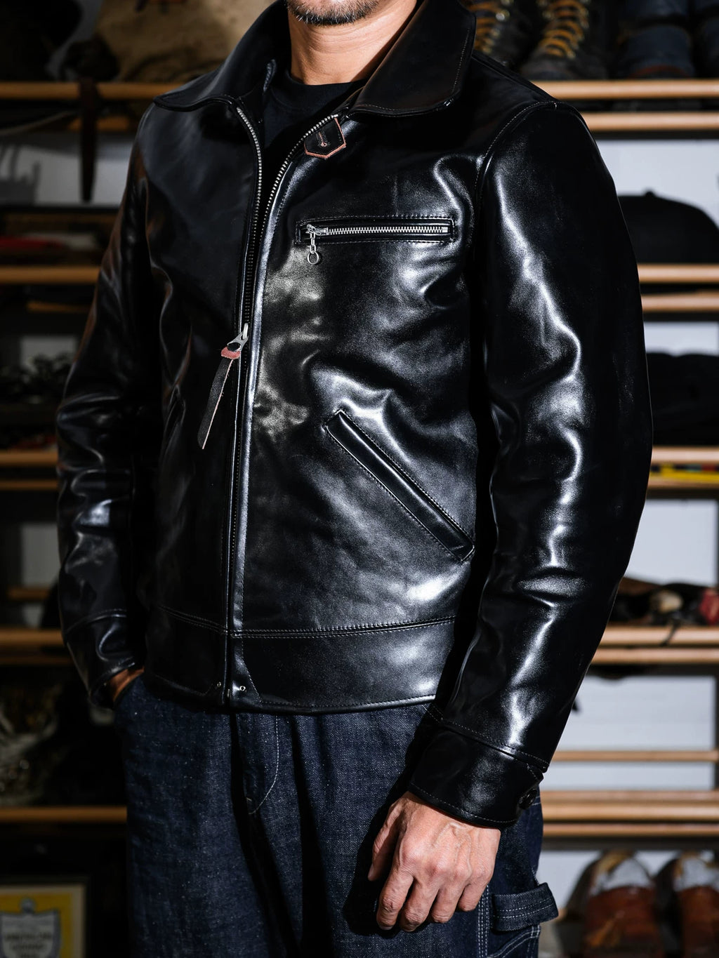 ハーフベルト レザージャケット 1930 SPORTS JKT パドヴァ茶芯 ブラック ホースハイド