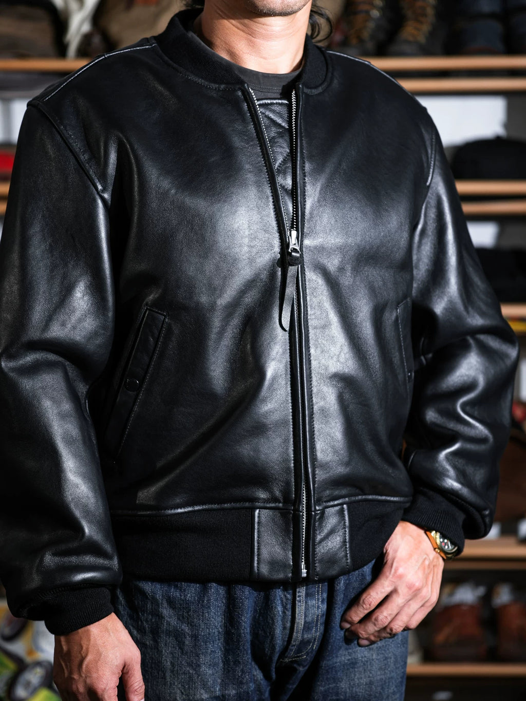 MA-1 レザーボンバージャケット MERCER ワイドシルエット 芯通し染め シープスキン