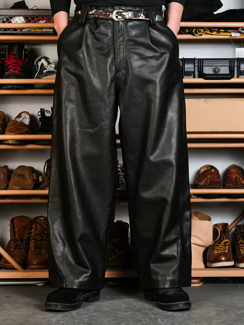 Wide Leather Trousers — Balloon, Ribbed Hem, Water-Dyed Calfskin