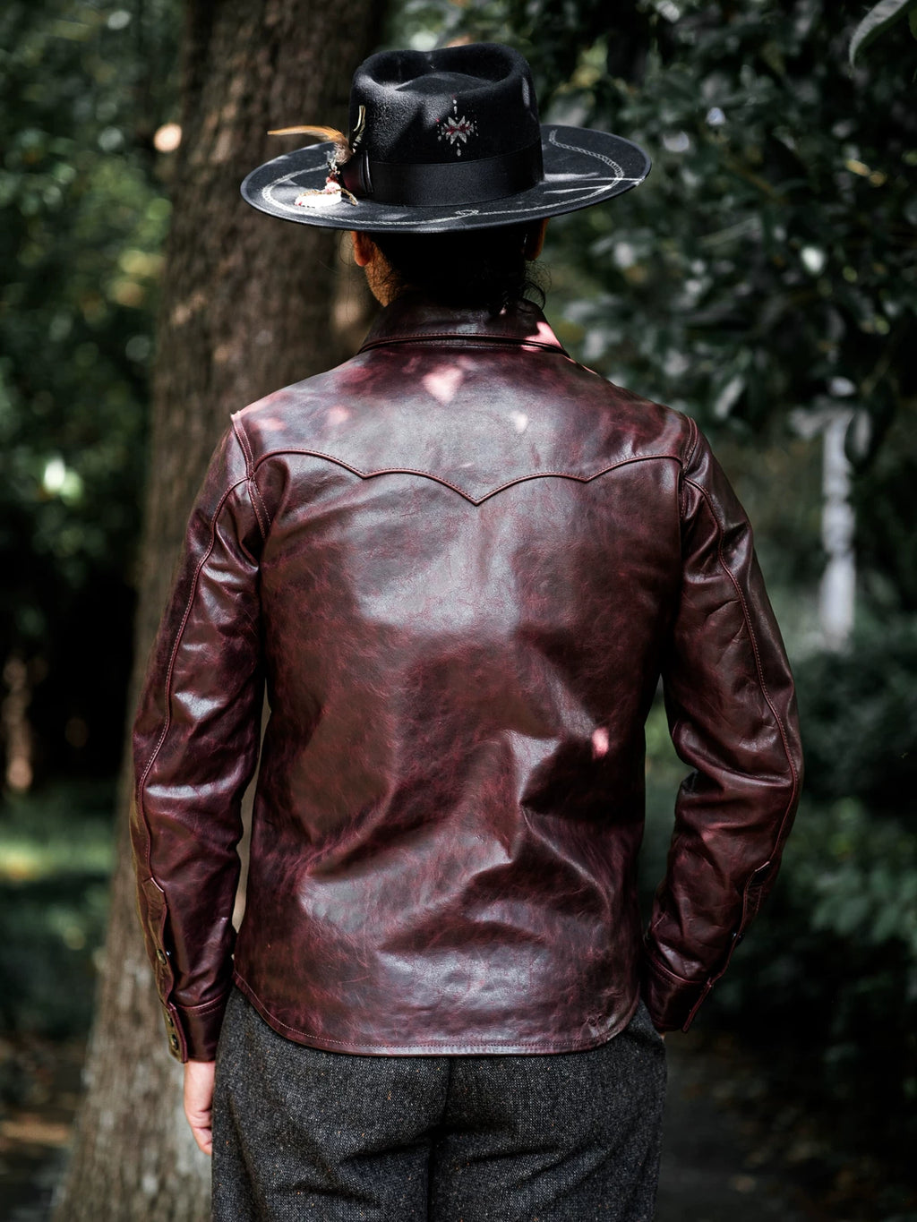 LARAMIE Leather Western Shirt Jacket, Double Yoke, Wine Red Oil-Wax Horsehide