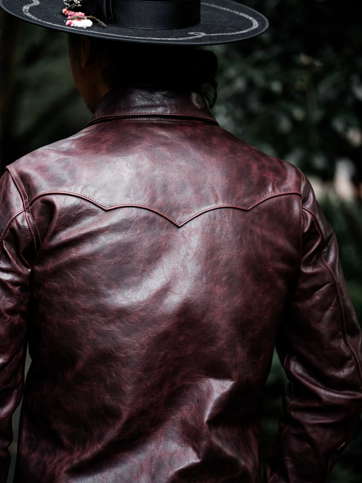LARAMIE Leather Western Shirt Jacket, Double Yoke, Wine Red Oil-Wax Horsehide