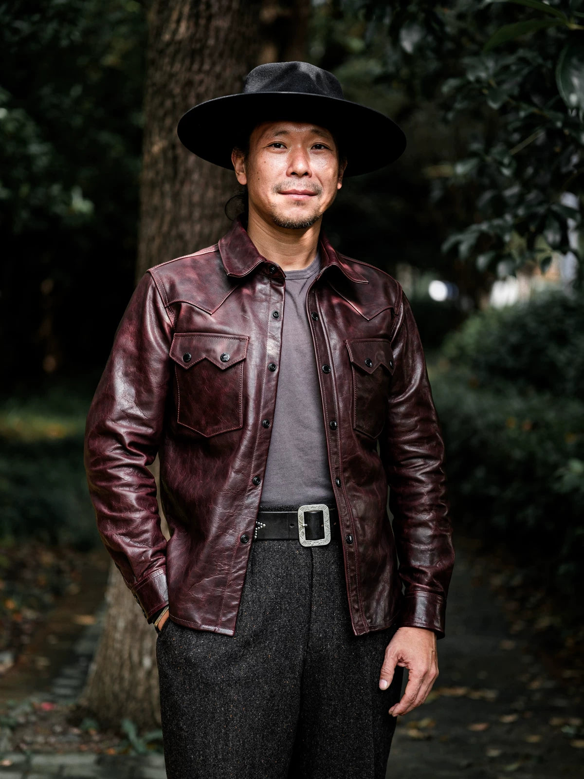 LARAMIE Leather Western Shirt Jacket, Double Yoke, Wine Red Oil-Wax Horsehide