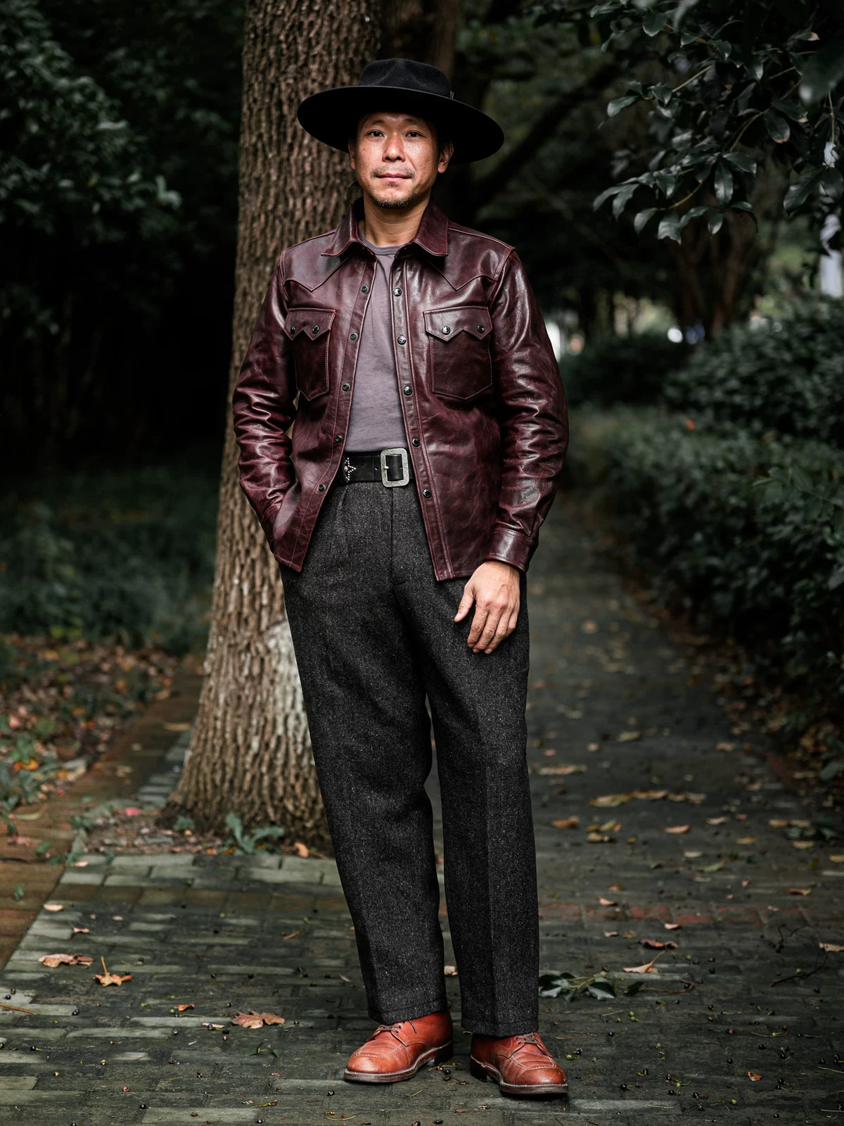 LARAMIE Leather Western Shirt Jacket, Double Yoke, Wine Red Oil-Wax Horsehide