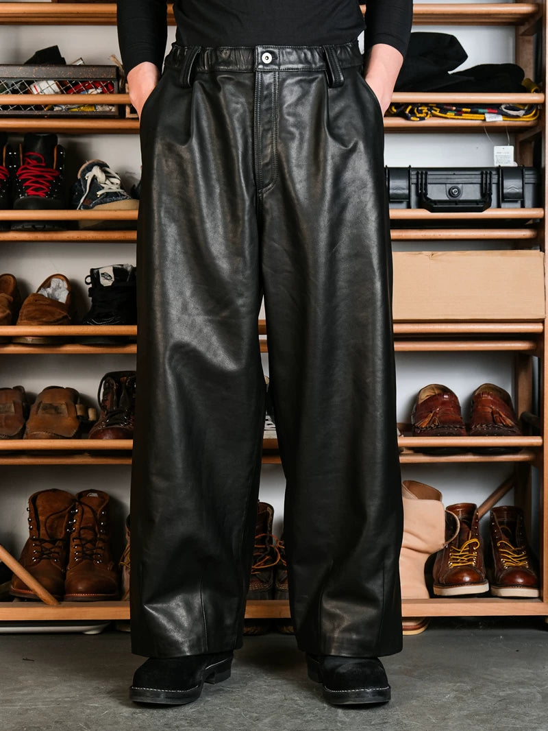Wide Leather Trousers — Balloon, Ribbed Hem, Water-Dyed Calfskin