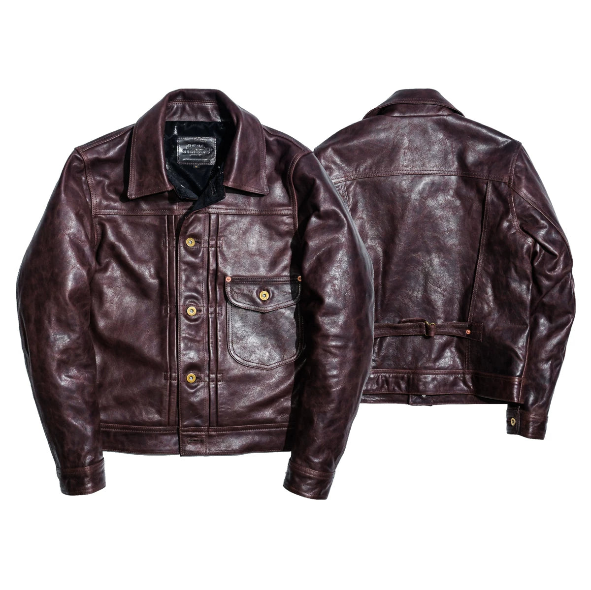 DURANGO Leather Trucker Jacket, Type1, Shield Pocket, Wine Red Oil-Wax Horsehide