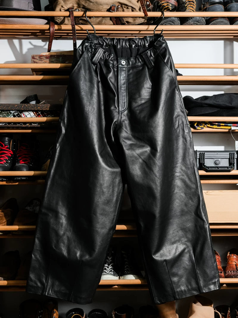Wide Leather Trousers — Balloon, Ribbed Hem, Water-Dyed Calfskin