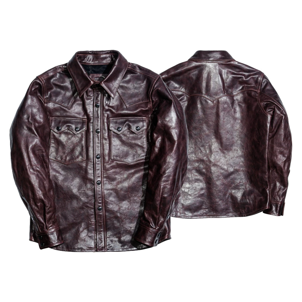 LARAMIE Leather Western Shirt Jacket, Double Yoke, Wine Red Oil-Wax Horsehide